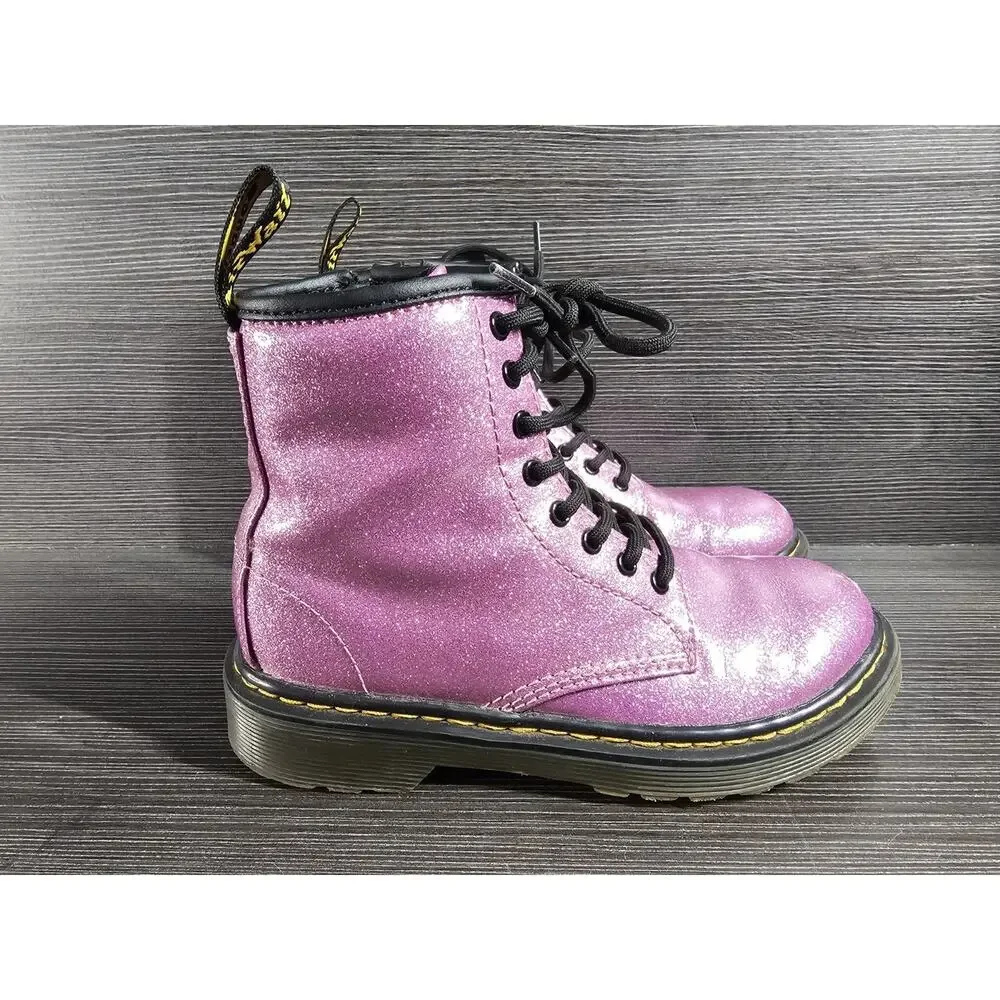 Girls Kids Size 1 US Dr. Martens Glitter J Combat Boots 1460 Pink Side Zip Laces